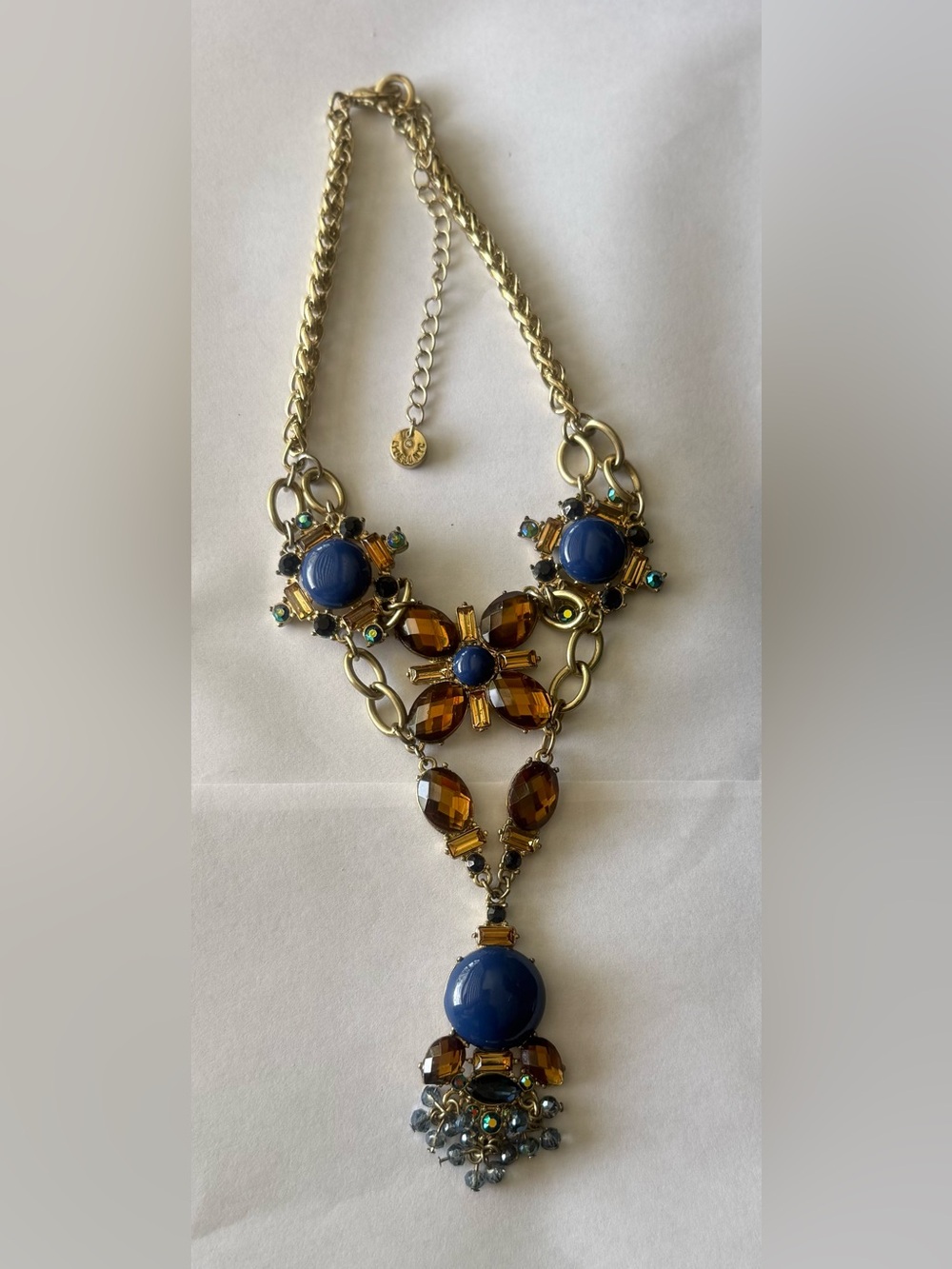 Lydell NYC navy blue and amber cabochon stone bib statement necklace